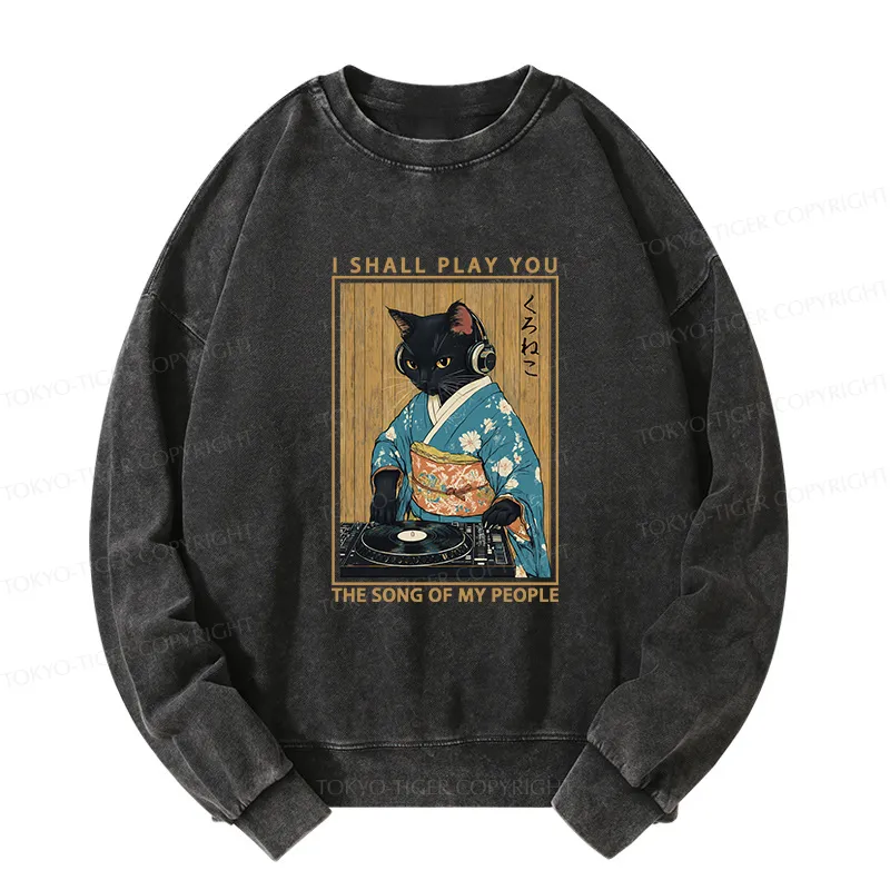 Tokyo-Tiger Funny Playing Music Black Cat Washed Sweatshirt