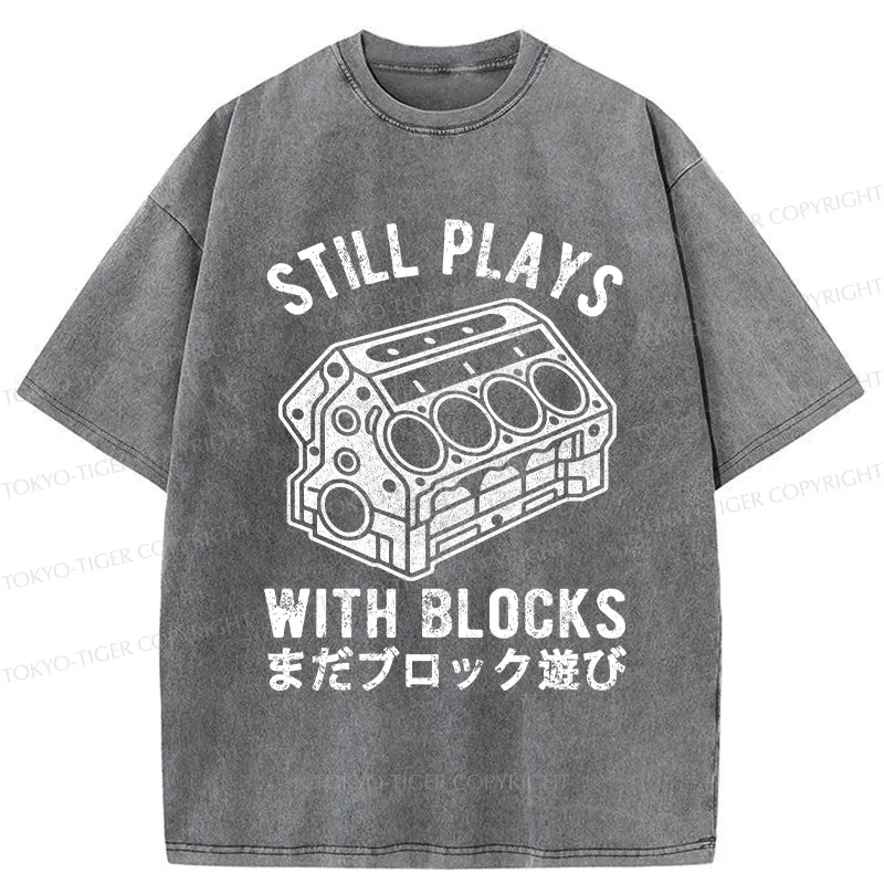 Tokyo-Tiger Funny Still Plays With Blocks Washed T-Shirt