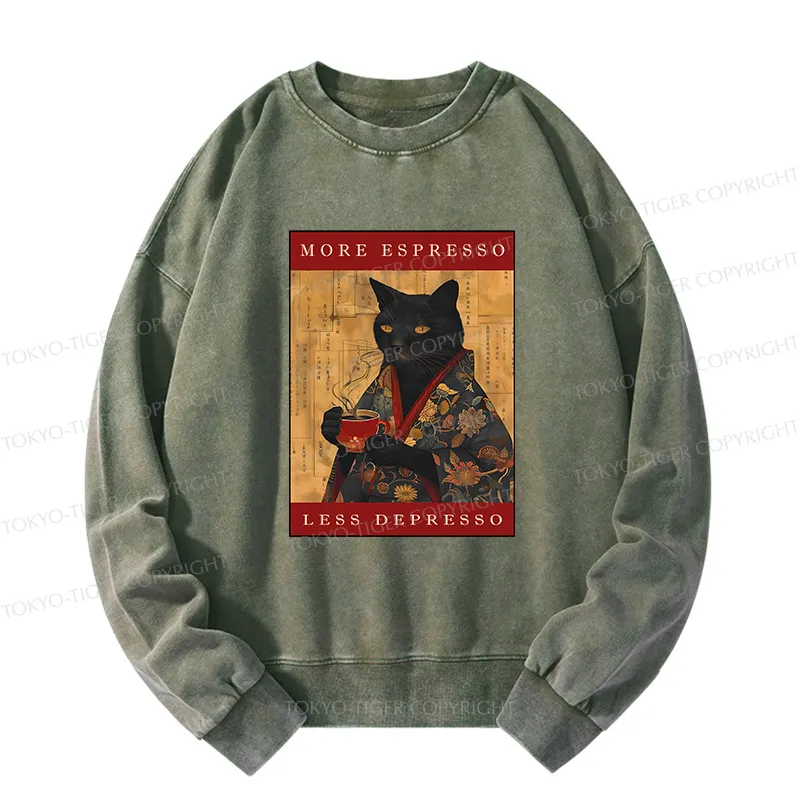 Tokyo-Tiger More Espresso Less Depresso Cat Washed Sweatshirt