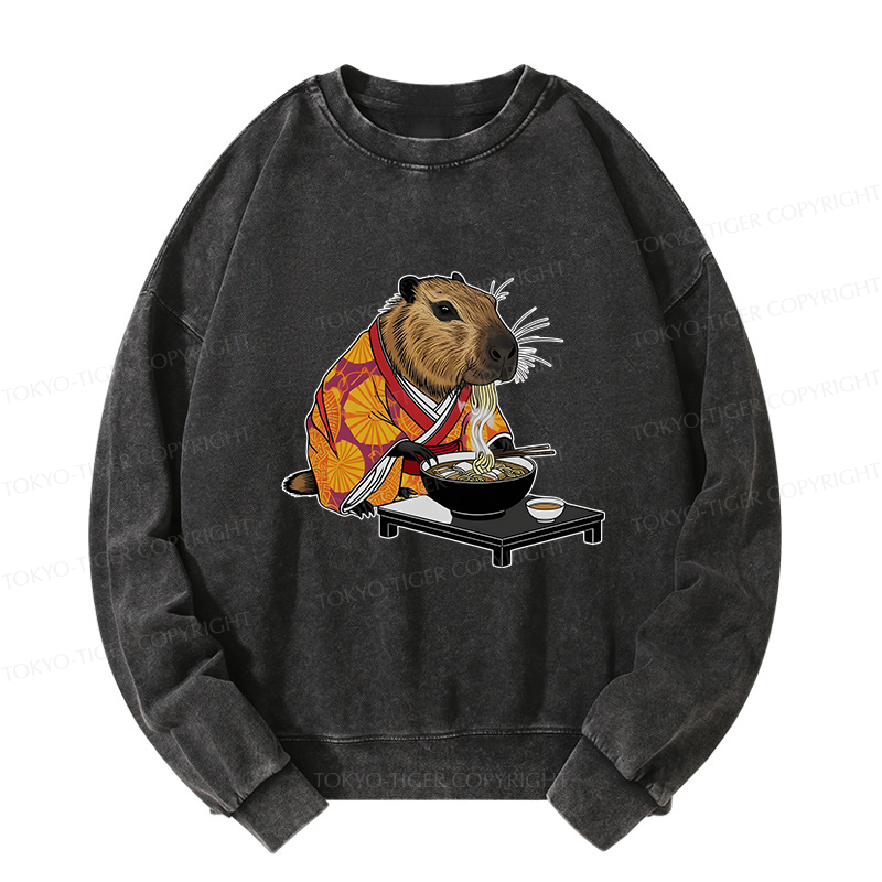 Tokyo-Tiger Cute Capybara Eating Ramen Washed Sweatshirt