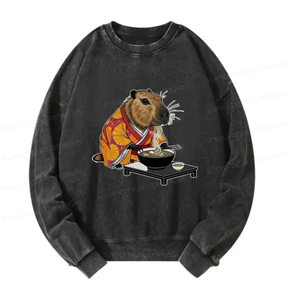 Tokyo-Tiger Cute Capybara Eating Ramen Washed Sweatshirt