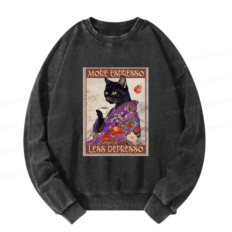Tokyo-Tiger Japanese Cat Drinking Coffee Washed Sweatshirt