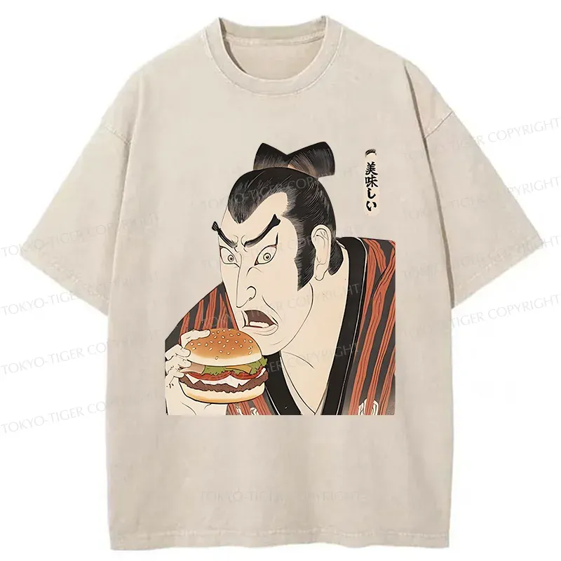 Tokyo-Tiger Japanese People Eating Hamburger Washed T-Shirt