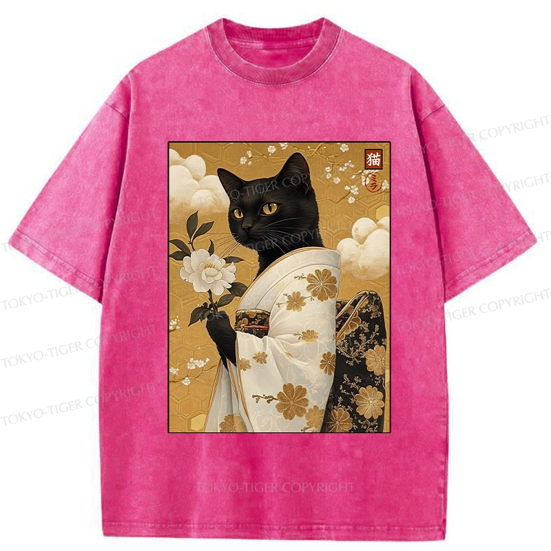 Tokyo-Tiger Retro Black Cat Holding A Flower Washed T-Shirt