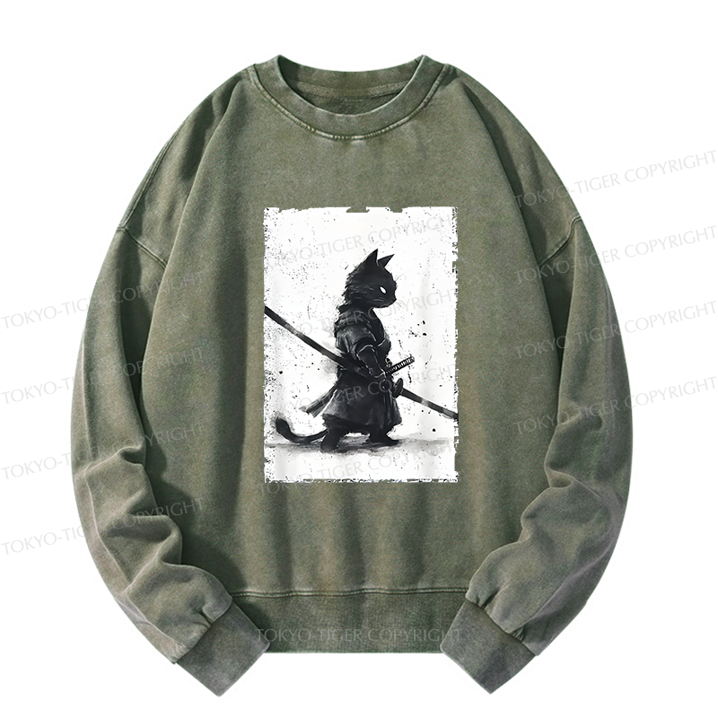 Tokyo-Tiger Retro Cat Samurai Japanese Washed Sweatshirt