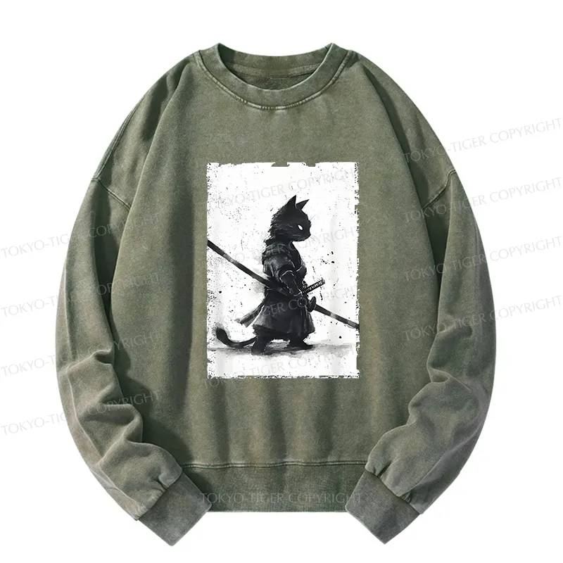 Tokyo-Tiger Retro Cat Samurai Japanese Washed Sweatshirt