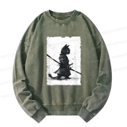 Tokyo-Tiger Retro Cat Samurai Japanese Washed Sweatshirt
