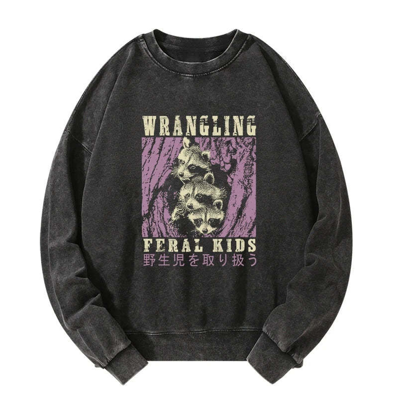 Tokyo-Tiger Wrangling Feral Raccoon Kids Washed Sweatshirt