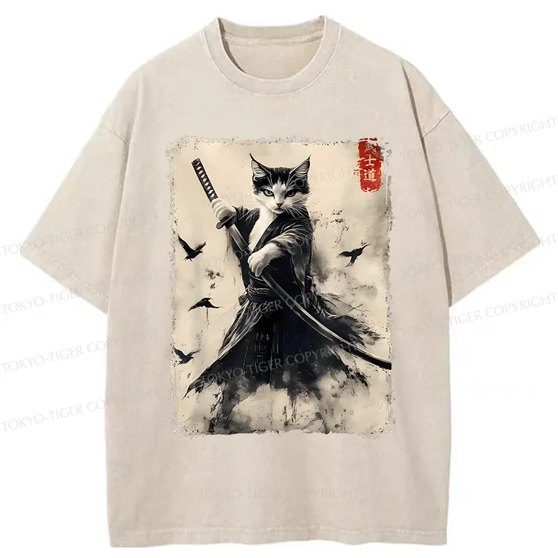 Tokyo-Tiger Retro Cat Samurai Poster Washed T-Shirt
