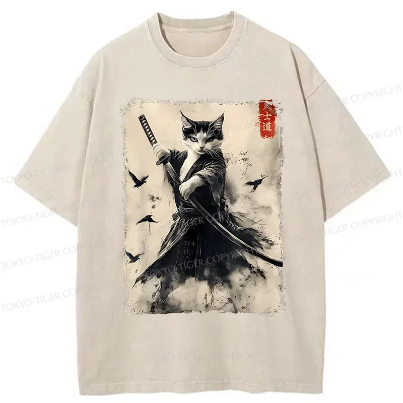 Tokyo-Tiger Retro Cat Samurai Poster Washed T-Shirt