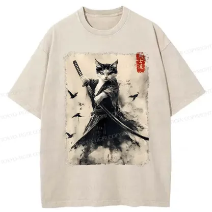 Tokyo-Tiger Retro Cat Samurai Poster Washed T-Shirt