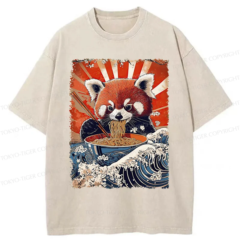 Tokyo-Tiger Red Panda Eating Ramen Washed T-Shirt