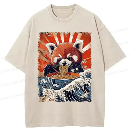 Tokyo-Tiger Red Panda Eating Ramen Washed T-Shirt