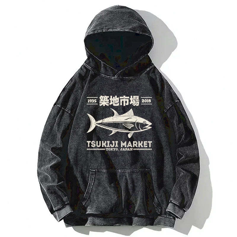 Tokyo-Tiger Retro Tsukiji Fish Market Streetwear Tokyo Washed Hoodie