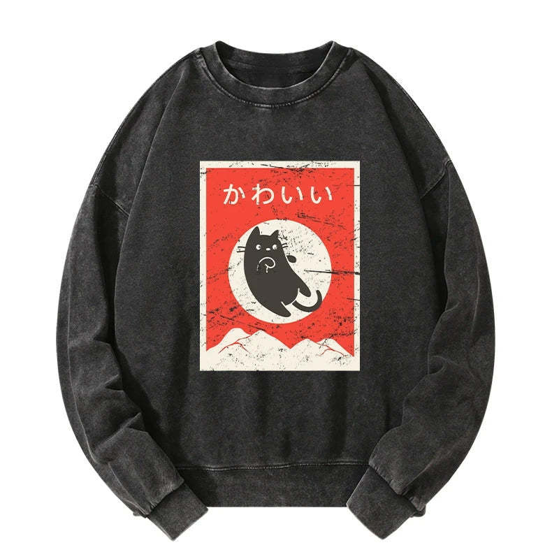 Tokyo-Tiger Cute Black Cat Japanese Washed Sweatshirt Sale