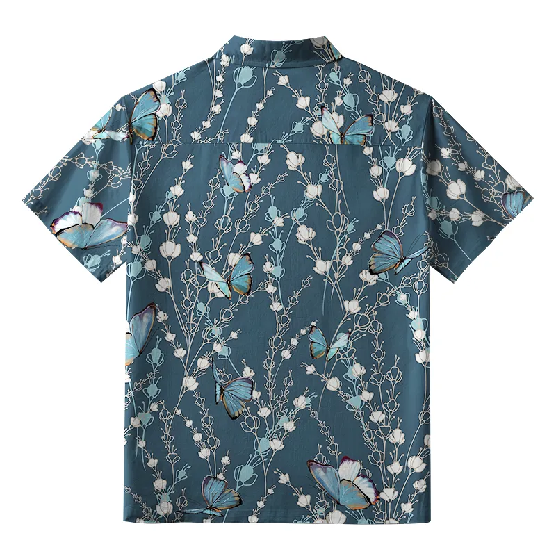Tokyo-Tiger Blue Floral And Butterfly Aloha Hawaiian Shirt