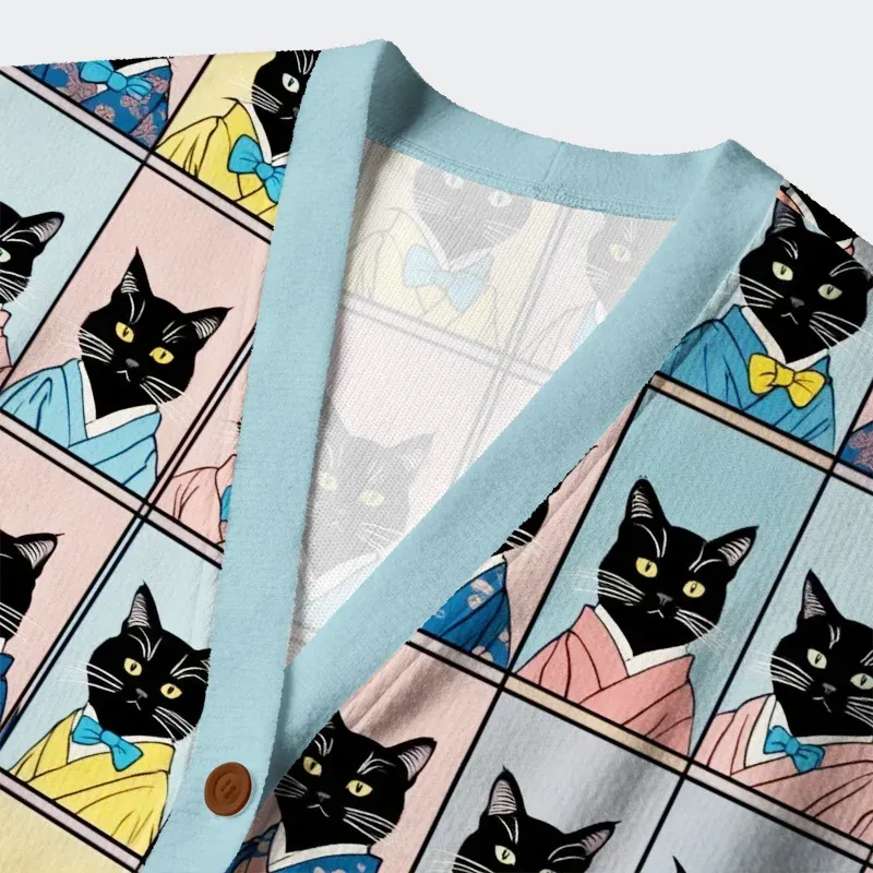 Tokyo-Tiger Black Cat Wearing A Kimono Ugly Cardigan Sweater