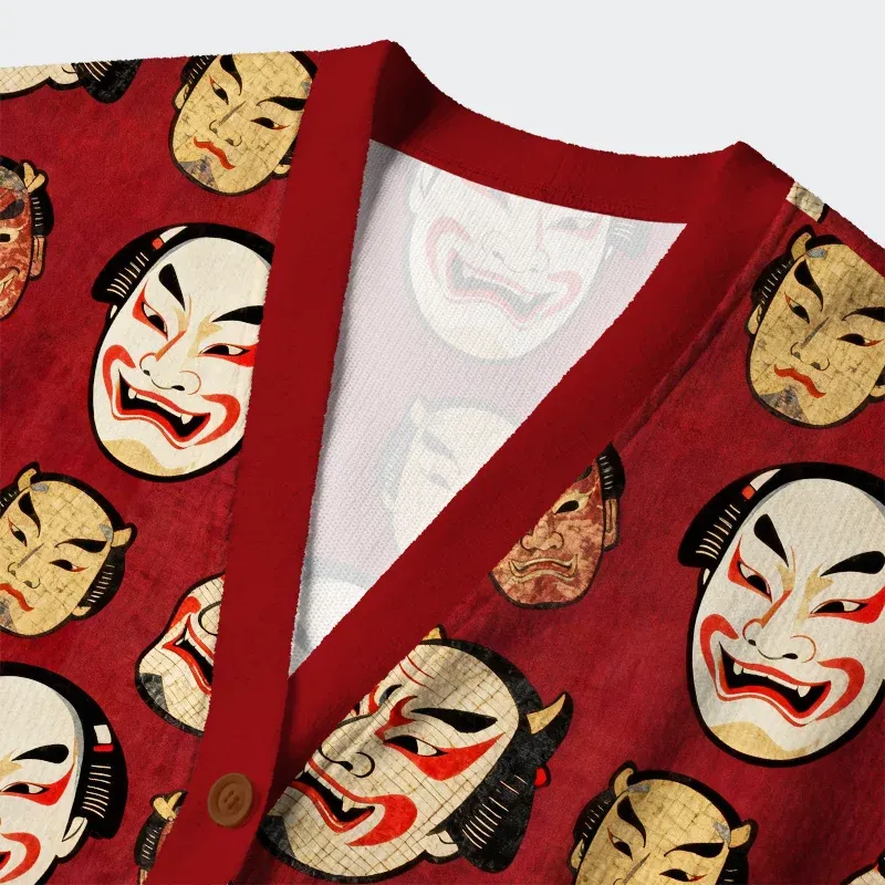 Tokyo-Tiger Japanese Mask Ugly Cardigan Sweater
