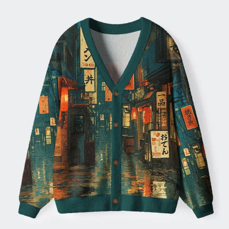 Tokyo-Tiger Retro Japanese Street Scene Ugly Cardigan Sweater
