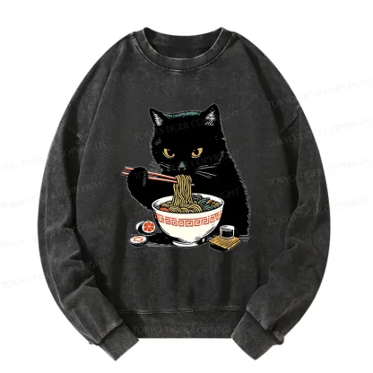 Tokyo-Tiger Cat Eating Favorite Ramen Washed Sweatshirt
