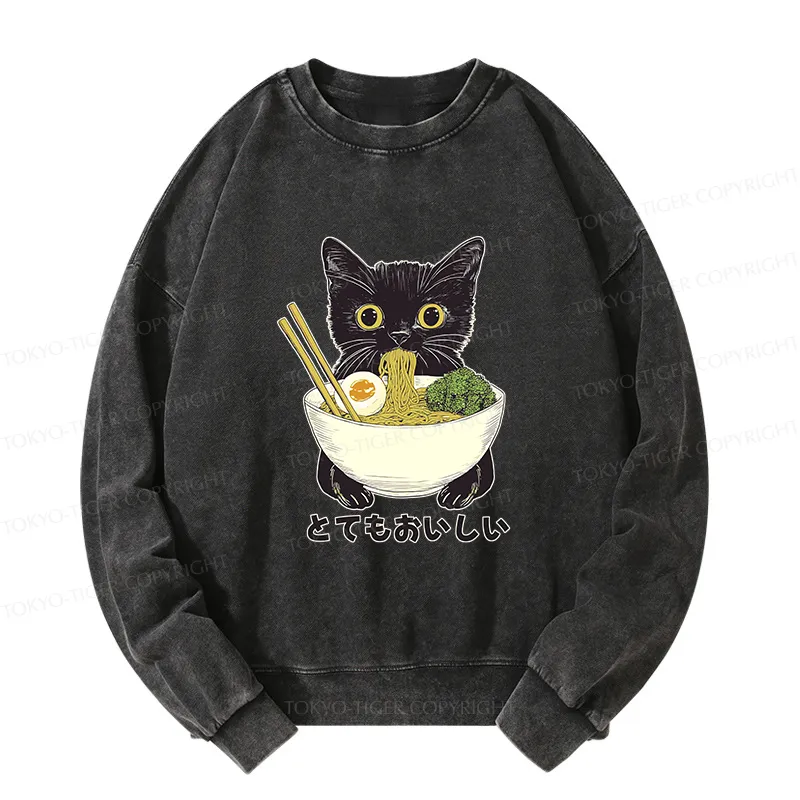 Tokyo-Tiger Ramen Lover Cute Cat Washed Sweatshirt