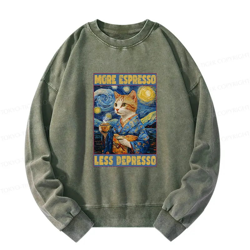 Tokyo-Tiger Funny More Espresso Less Depresso Washed Sweatshirt