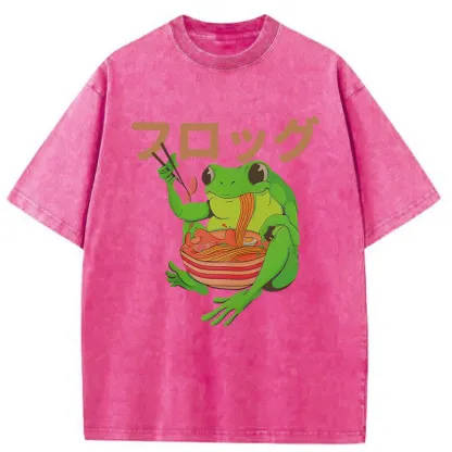Tokyo-Tiger Frog Eating Ramen Japan Washed T-Shirt