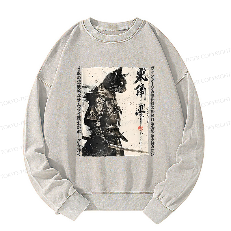 Tokyo-Tiger Cat Samurai Retro Washed Sweatshirt