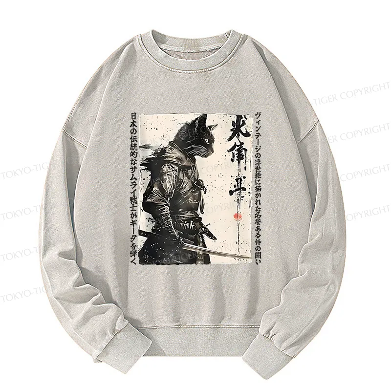 Tokyo-Tiger Cat Samurai Retro Washed Sweatshirt
