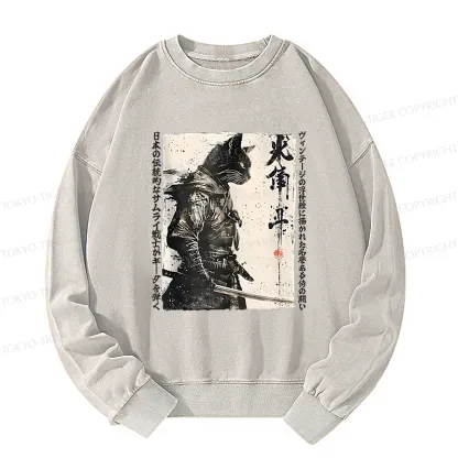 Tokyo-Tiger Cat Samurai Retro Washed Sweatshirt