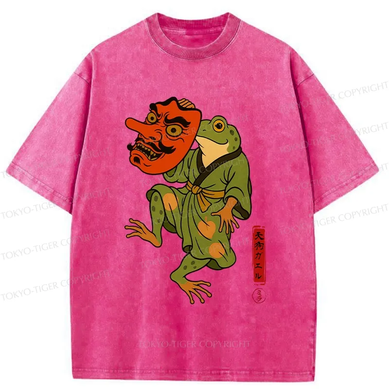Tokyo-Tiger Frog Holding A Tengu Mask Washed T-Shirt