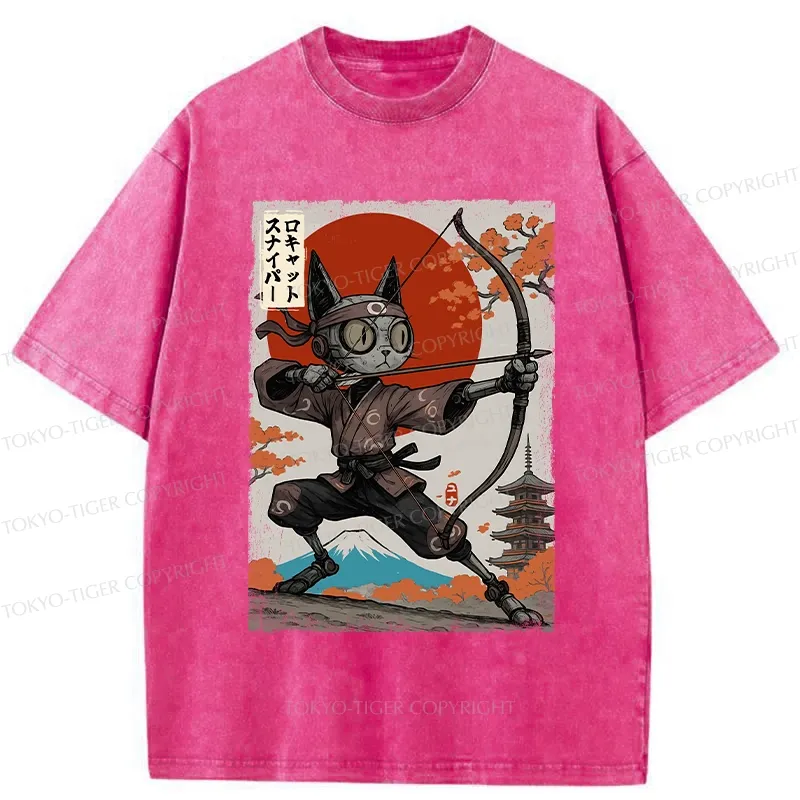 Tokyo-Tiger Japanese Robot Cat Archery Washed T-Shirt