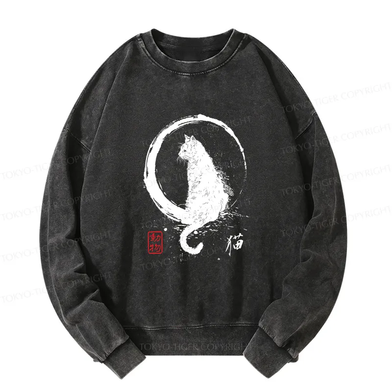 Tokyo-Tiger Retro Japanese Black Cat Washed Sweatshirt