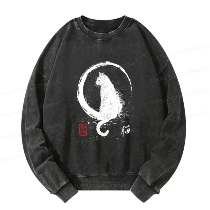 Tokyo-Tiger Retro Japanese Black Cat Washed Sweatshirt