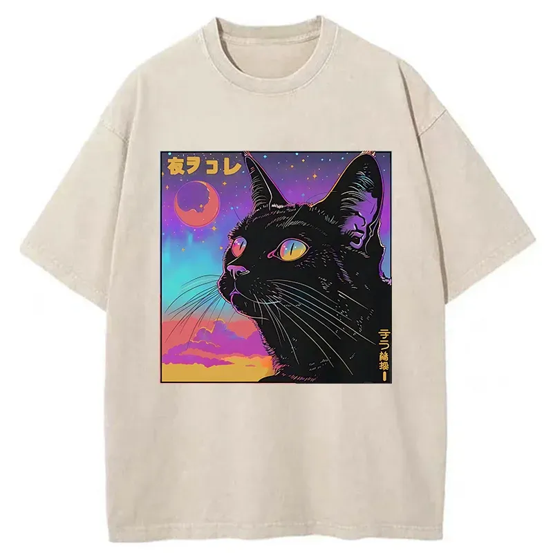 Tokyo-Tiger Cat Under The Stars Washed T-Shirt