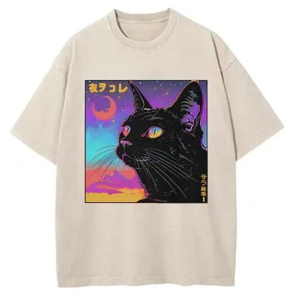 Tokyo-Tiger Cat Under The Stars Washed T-Shirt