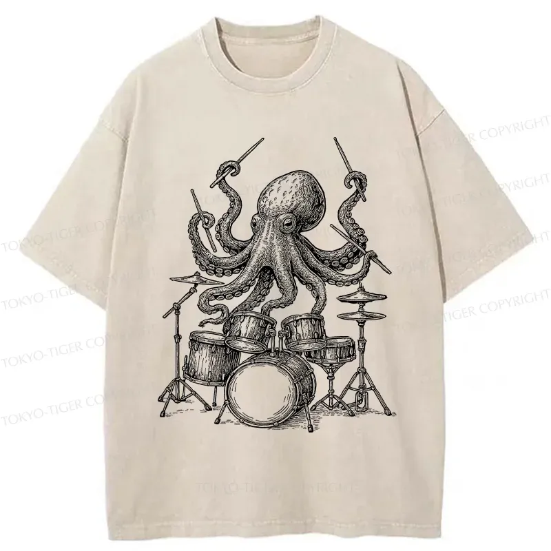 Tokyo-Tiger Octopus Drummer Washed T-Shirt
