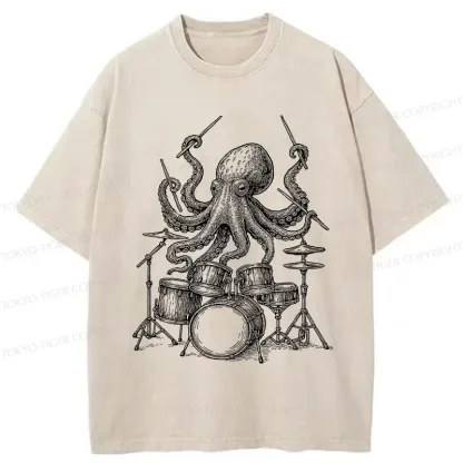 Tokyo-Tiger Octopus Drummer Washed T-Shirt