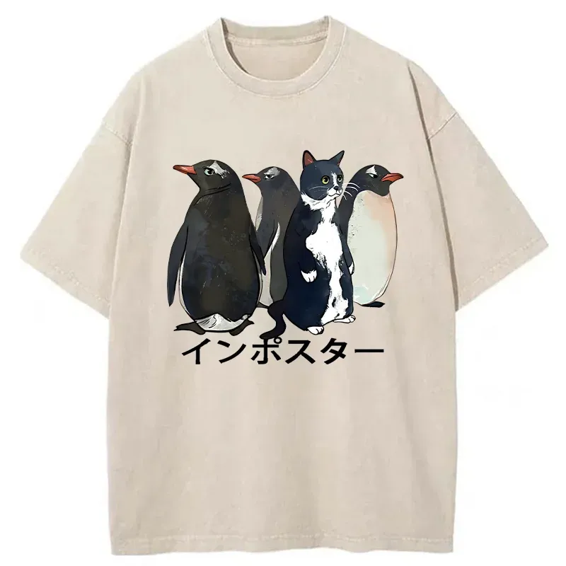 Tokyo-Tiger Imposter Among Penguins Washed T-Shirt
