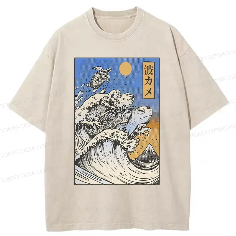 Tokyo-Tiger Surfing Turtle Washed T-Shirt