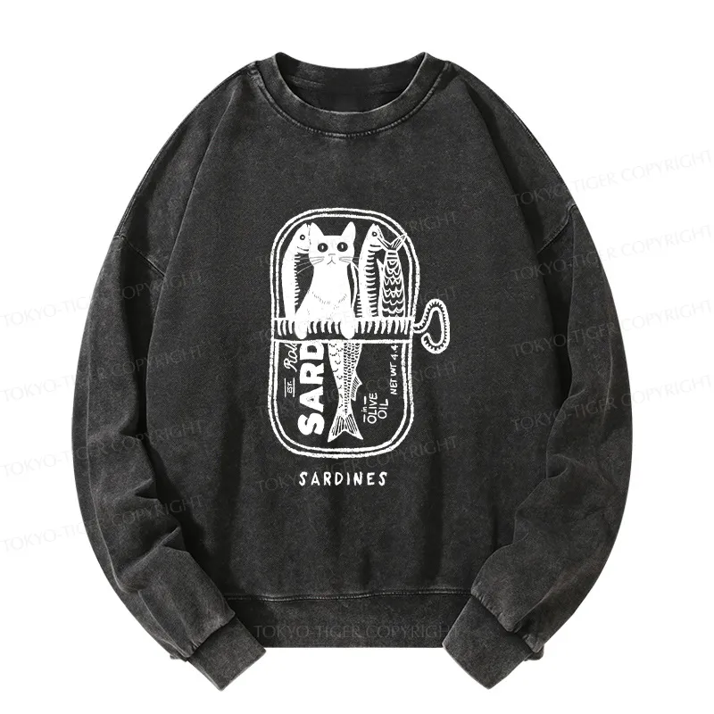 Tokyo-Tiger Cat Hiding In A Sardine Can Washed Sweatshirt
