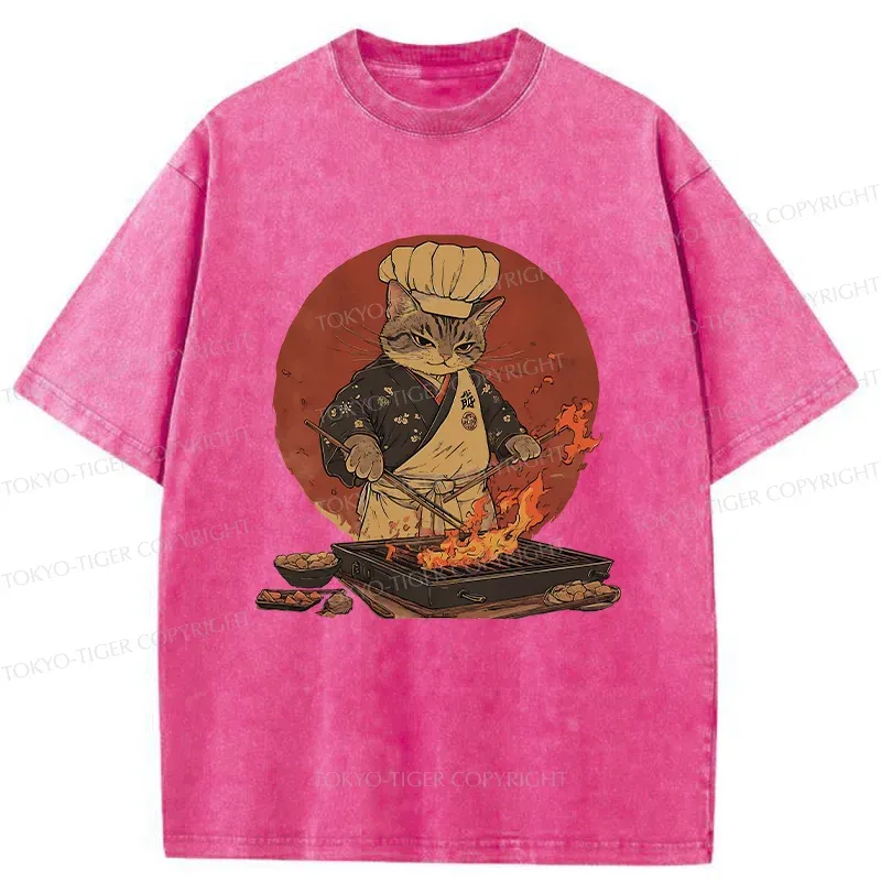 Tokyo-Tiger Cat Grill Chef Washed T-Shirt
