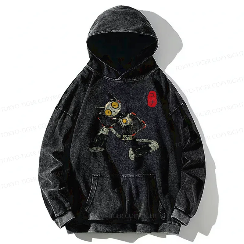 Tokyo-Tiger Contemplative Robot Cat Washed Hoodie