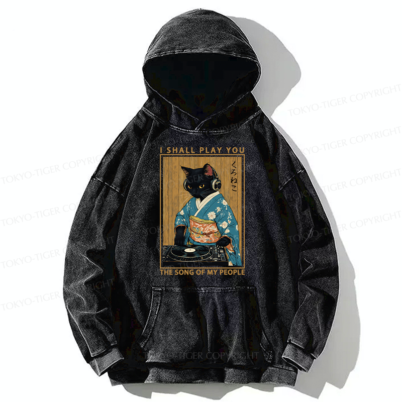 Tokyo-Tiger Funny Playing Music Black Cat Washed Hoodie