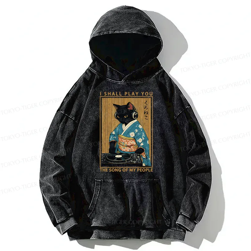 Tokyo-Tiger Funny Playing Music Black Cat Washed Hoodie