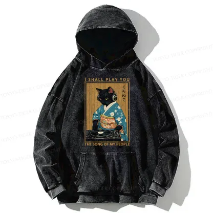 Tokyo-Tiger Funny Playing Music Black Cat Washed Hoodie