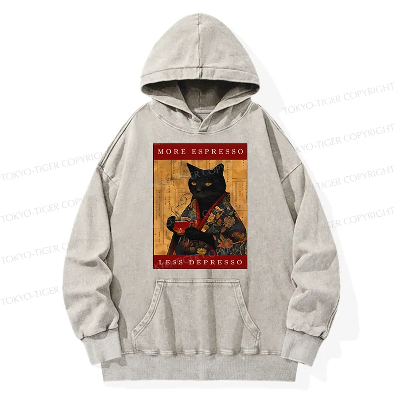 Tokyo-Tiger More Espresso Less Depresso Cat Washed Hoodie