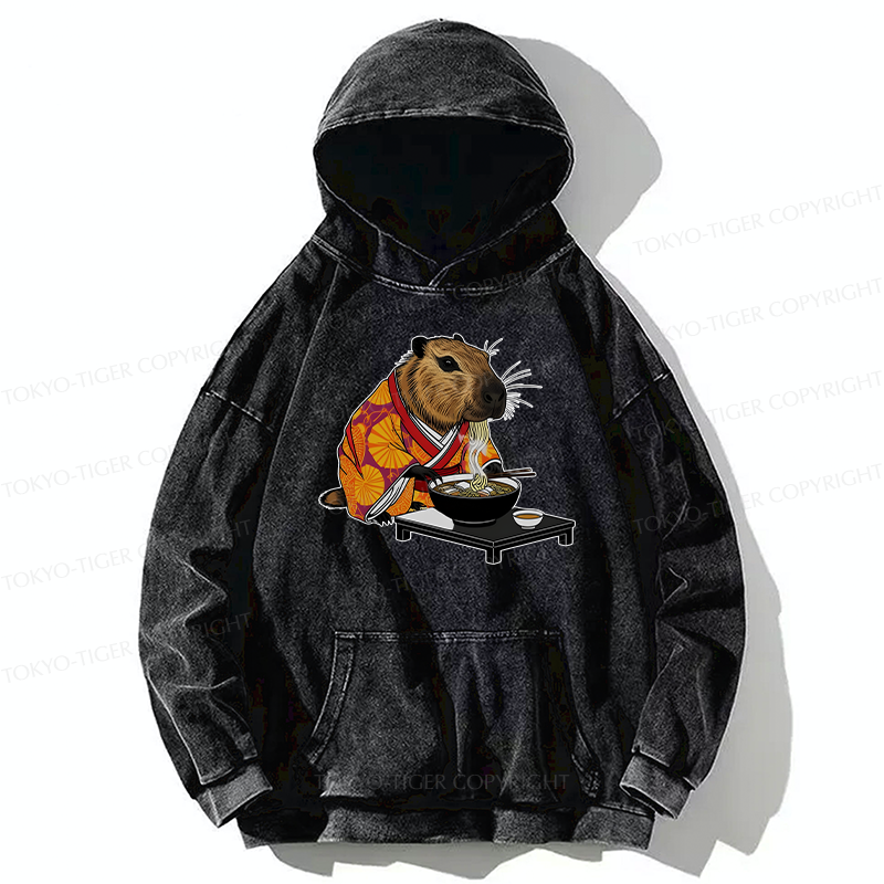 Tokyo-Tiger Cute Capybara Eating Ramen Washed Hoodie