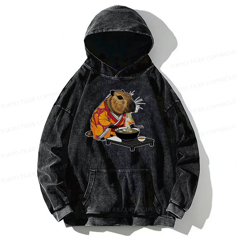 Tokyo-Tiger Cute Capybara Eating Ramen Washed Hoodie