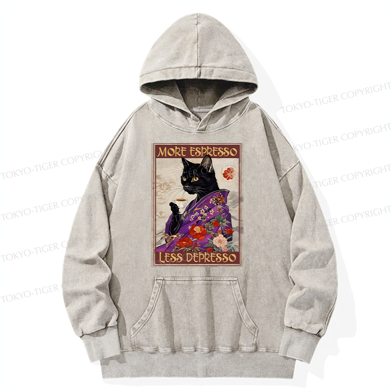 Tokyo-Tiger Japanese Cat Drinking Coffee Washed Hoodie